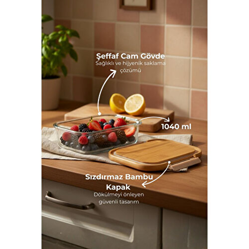 Bambum Satina Kilitli Cam Saklama Kabı 1040 Ml
