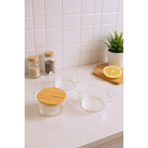 Bambum Modena 3'lü Bambu Kapaklı Cam Saklama Kabı