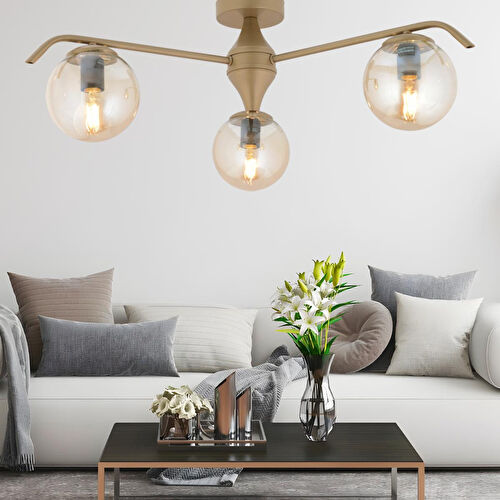 Apliqa Diaspor 3'lü Yuvarlak Eskitme Bal Camlı Modern Plafonyer Genç Odası Yatak Odası Retro Salon Avize