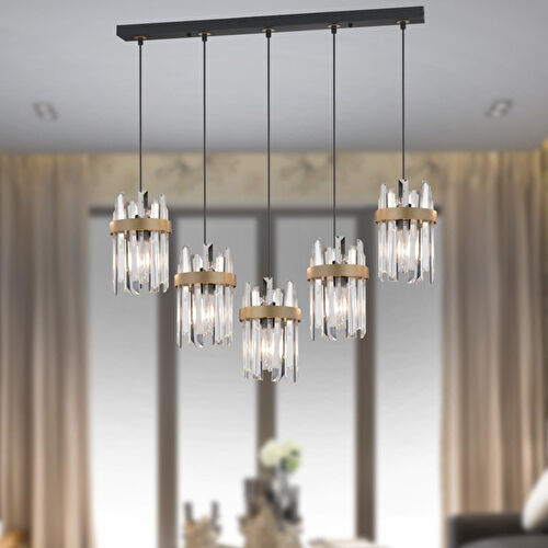 Apliqa Apatit 5'li Sıralı Siyah Eskitme Kristal Taşlı Modern Koridor Yatak Odası Salon Kristalli Avize