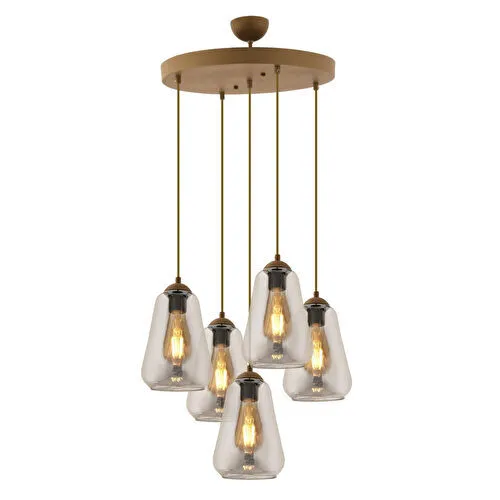 Apliqa Rita 5'li Yuvarlak Eskitme Füme Camlı Modern Salon Sarkıt Avize