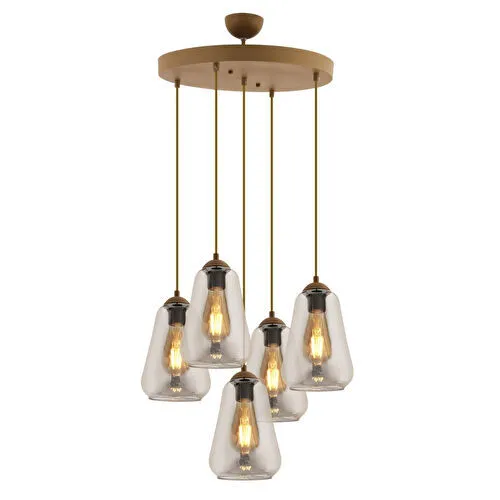 Apliqa Rita 5'li Yuvarlak Eskitme Füme Camlı Modern Salon Sarkıt Avize