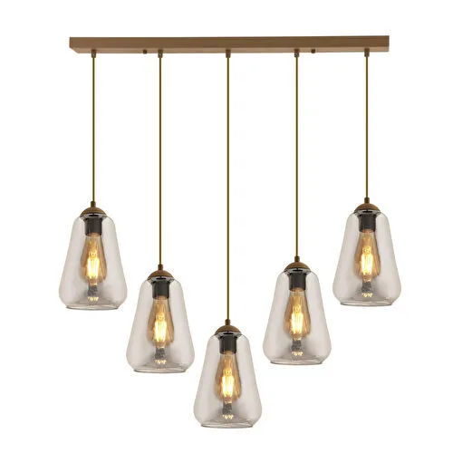 Apliqa Rita 5'li Sıralı Eskitme Füme Camlı Modern Salon Sarkıt Avize