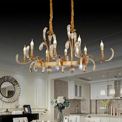 Apliqa Ronja 8'li Yemek Masası Üstü Sıralı Bakır Eskitme Kristal Taşlı Avangart Salon Avize