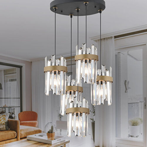 Apliqa Apatit 5'li Yuvarlak Siyah Eskitme Kristal Taşlı Modern Koridor Yatak Odası Salon Kristalli Avize