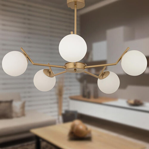 Apliqa Sara 5li Eskitme Boyalı Beyaz Camlı Modern Genç Odası Yemek Masası Üstü Salon Avize