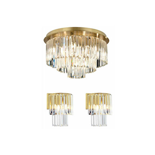 Apliqa Nilüfer Yuvarlak Eskitme 3 Parça Kristalli Taşlı Modern Tasarım Kristal Salon Avize-aplik Seti