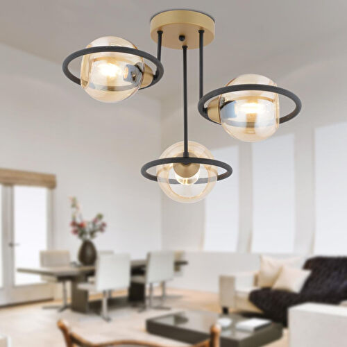 Apliqa Becca 3'lü Siyah Eskitme Bal Camlı Top Avize Modern Oturma Odası Salon Avize