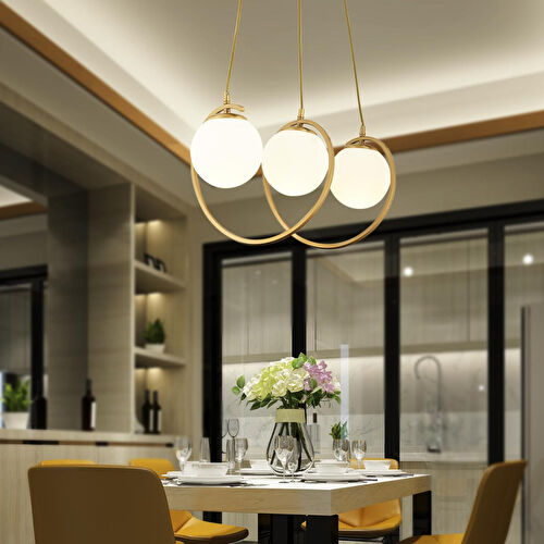 Apliqa Jarry 3lü Beyaz Camlı Eskitme Boyalı Modern Tasarım Yemek Masası Üstü Salon Avize