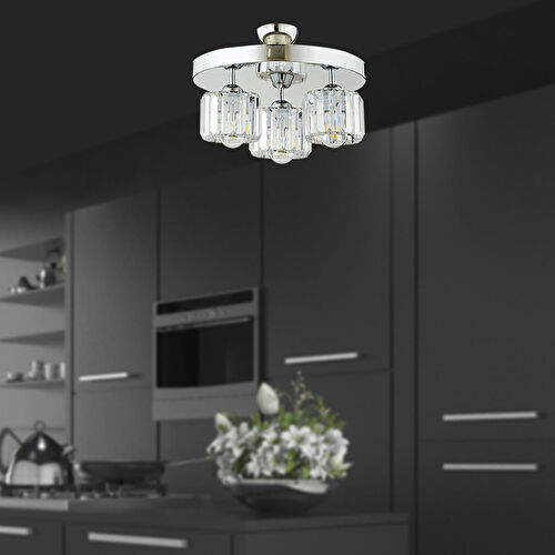 Apliqa Sabrina 3 Lü Yuvarlak Krom Kaplama Plafonyer Kristalli Taşlı Modern Tasarım Kristal Salon Avize