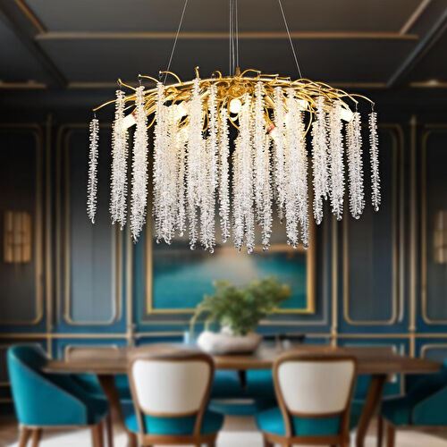 Apliqa Dina Serip Yemek Masa Üstü Gold Kaplamalı Modern Tasarım Salon Kristal Sarkıt Avize