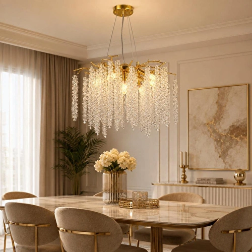 Apliqa Dina Serip Gold Kaplamalı Modern Tasarım Salon Kristal Sarkıt Avize