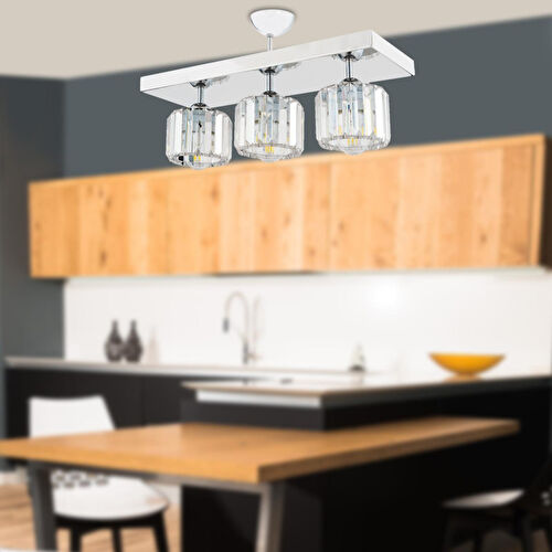 Apliqa Sabrina 3 Lü Sıralı Krom Kaplama Plafonyer Kristalli Taşlı Modern Tasarım Kristal Salon Avize