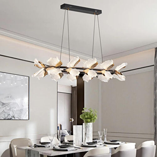 Apliqa Taran Sıralı Siyah Gold Çiçek Desenli 120 Watt Yemek Masası Üstü Modern Salon Led Avize