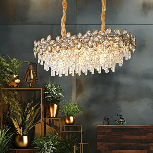 Apliqa Saral Sıralı Gold Yemek Masası Üstü, Kristal Taşlı Modern Tasarım Salon Avize