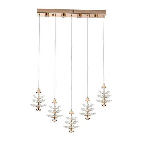 Apliqa Serap 5'li 62 Watt 3000k Sıralı Gold Kristal Taşlı Ledli Salon Avize