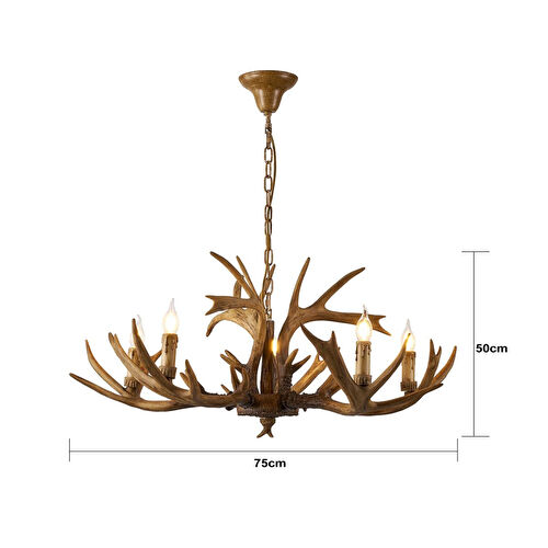 Apliqa Zoye Ahşap 5'li Geyik Boynuzu Desenli Modern Kafe Restoran. Salon Avize