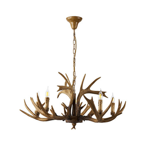 Apliqa Zoye Ahşap 5'li Geyik Boynuzu Desenli Modern Kafe Restoran. Salon Avize