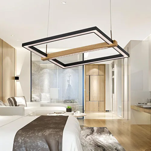 Apliqa April Siyah Kare 58 Watt Ahşap Desenli Modern Salon Led Sarkıt Avize