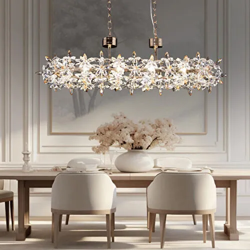 Apliqa Mercan Sıralı Gold Kristal Taşlı Modern Oturma Odası, Yemek Masası Üstü, Salon Avize