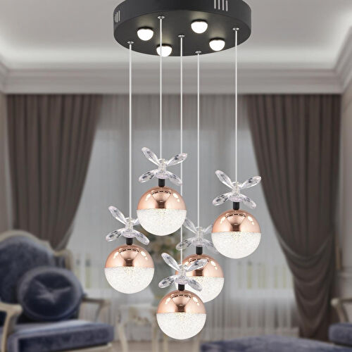 Apliqa Lokken 5'li Yuvarlak 42 Watt Bakır Kristal Ledli Modern Oturma Odası Salon Sarkıt Avize