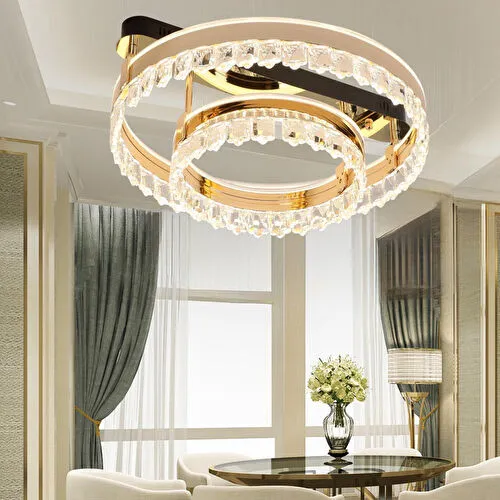 Apliqa Canel Gold İki Katlı 122 Watt Kristal Taşlı Modern Led Plafonyer Led Avize
