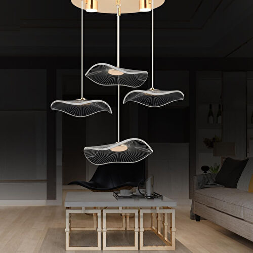 Apliqa Jolie 4'lü Yuvarlak 3 Renkli 39 Watt Gold Kristal Ledli Modern Oturma Odası Salon Sarkıt Avize