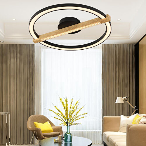 Apliqa April Siyah Yuvarlak 58 Watt Plafonyer Ahşap Desenli Modern Salon Led Avize