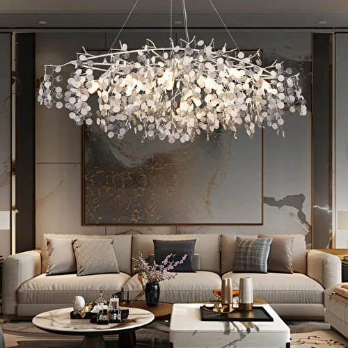 Apliqa Masal Sıralı Krom Yemek Masası Üstü, Kristal Taşlı Modern, Oturma Odası, Salon Avize