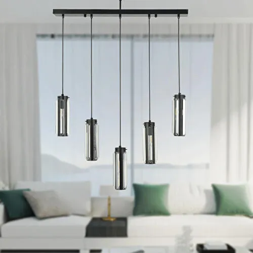 Apliqa Natali 5 Li Sıralı Siyah Salon- Modern Tasarım Yemek Masası Üstü Salon Sarkıt Avize