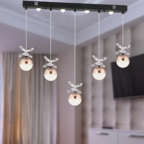 Apliqa Lokken 5'li Sıralı Bakır 42 Watt Kristal Ledli Modern Oturma Odası Salon Sarkıt Avize