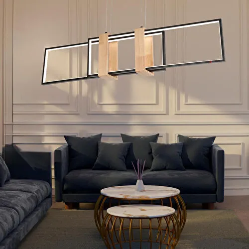 Apliqa Alena 69 Watt Siyah Dikdörtgen Ahşap Desenli Modern Salon Led Sarkıt Avize