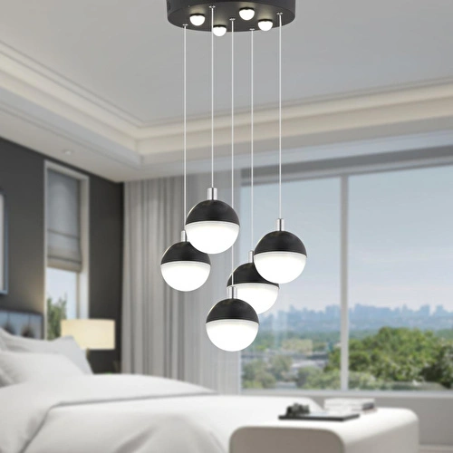 Apliqa Ekin 5'li Yuvarlak 47 Watt Siyah Ledli Kelebek Detaylı Modern Koridor, Yatak Odası Salon Sarkıt Led Avize