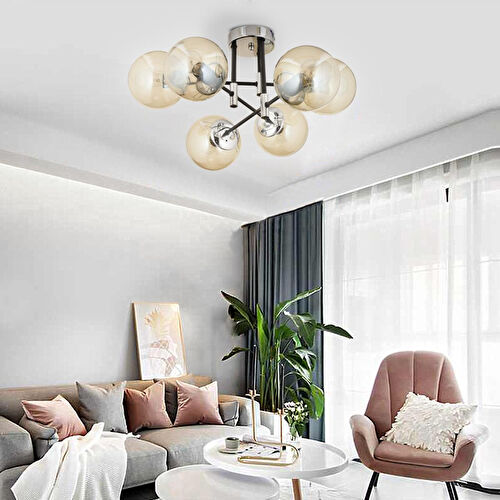 Apliqa Maral 6lı Siyah Krom Bal Camlı Modern Genç Odası Yatak Odası Retro Salon Avize