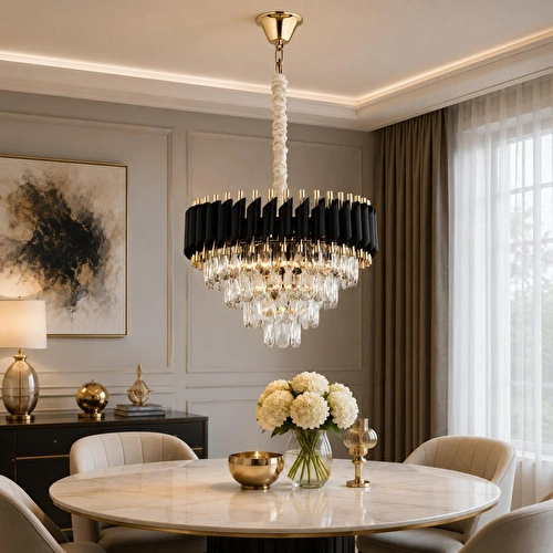 Apliqa Mikula 45'lik Yuvarlak Gold Kristal Taşlı Modern Oturma Odası Salon Sarkıt Avize ( Ürün Zincirlidir )