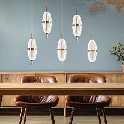 Apliqa Liona 5'li Sıralı 50 Watt Gold Kristalli Modern Salon Yemek Masası Üstü Sarkıt Led Avize