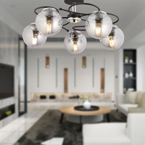 Apliqa Rodonit 5li Siyah Krom Füme Camlı Modern Sarkıt Genç Odası Yatak Odası Retro Salon Avize