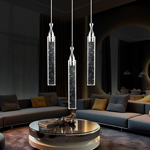 Apliqa Klaus 3'lü Yuvarlak 3 Renkli 48 Watt Krom Kristal Ledli Modern Oturma Odası Salon Sarkıt Avize