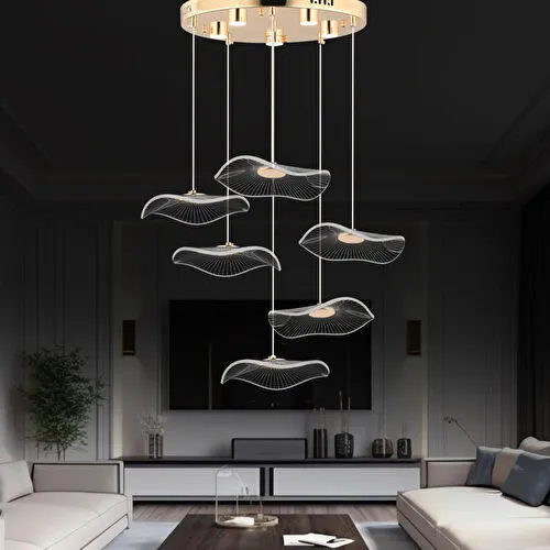 Apliqa Jolie 6'lı Yuvarlak 3 Renkli 61 Watt Gold Kristal Ledli Modern Oturma Odası Salon Sarkıt Avize