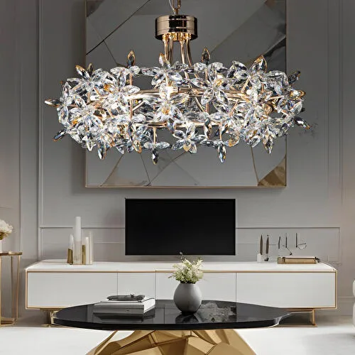 Apliqa Mercan 60'lık Yuvarlak Gold Kristal Taşlı Modern Oturma Odası, Salon Avize