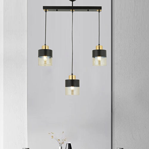 Apliqa Boris 3lü Sıralı Siyah Gold Sarkıt Modern Genç Odası Mutfak Retro Salon Avize