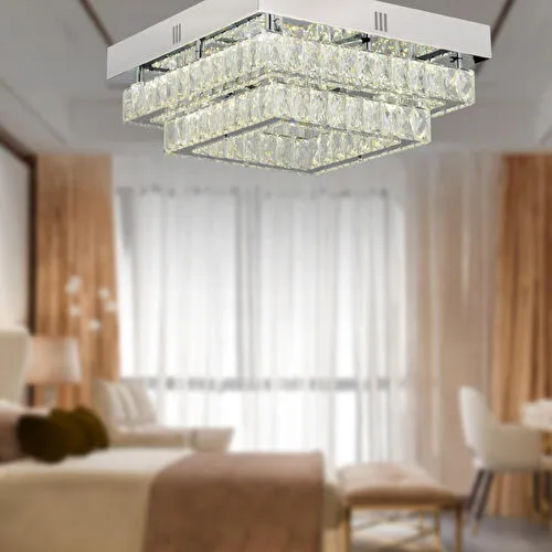 Apliqa Modina 2 Katlı Krom Ledli 3 Renkli 70 Watt Kristalli Taşlı Modern Tasarım Led Kristal Salon Avize
