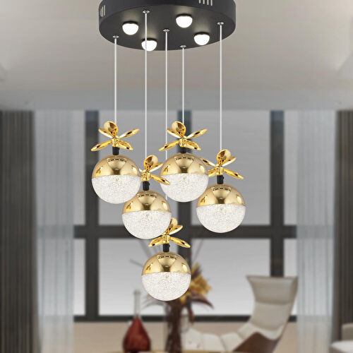 Apliqa Lokken 5'li Yuvarlak 42 Watt Gold Kristal Ledli Modern Oturma Odası Salon Sarkıt Avize