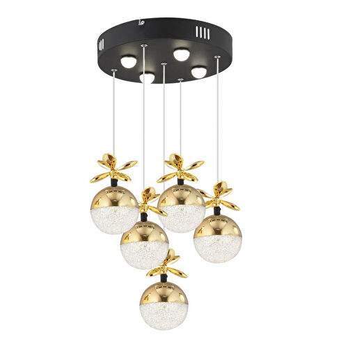 Apliqa Lokken 5'li Yuvarlak 42 Watt Gold Kristal Ledli Modern Oturma Odası Salon Sarkıt Avize