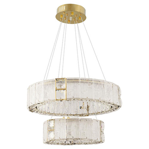 Apliqa Rocco 2 Katlı 3 Renkli Ledli 64 Watt Gold Kaplamalı Kristal Taşlı Sarkıt Led Salon Avize