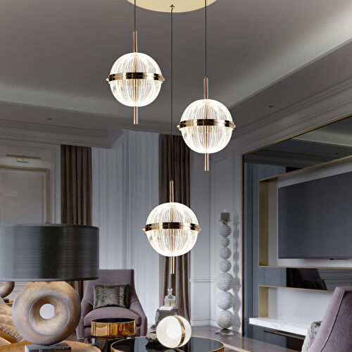 Apliqa Loret 3'lü Yuvarlak 36 Watt Gold Krisatlli Modern Salon Oturma Odası Sarkıt Led Avize