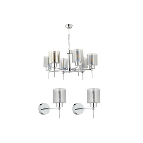 Apliqa Cemre 6'lı Krom Modern Tasarım Yatak Odası Salon Avize-aplik Seti 3 Parça Avize-aplik Seti Seti