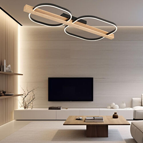 Apliqa Asrın Siyah 2'li Kare 100 Watt Plafonyer Ahşap Desenli Modern Salon Led Avize