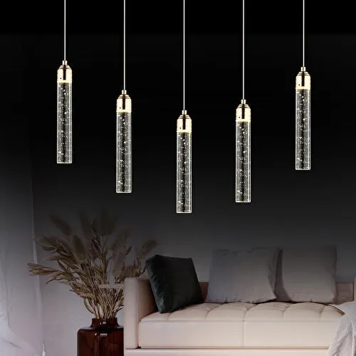 Apliqa Zaki 5 Li Sıralı Gold Kaplama 3 Renkli 72 Watt Ledli Modern Tasarım Oturma Odası,yemek Masa Üstüı,salon Sarkıt Led Avize