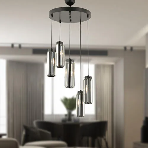 Apliqa Natali 5 Li Yuvarlak Siyah Modern Kristalli, Taşlı Modern Tasarım Kristal Salon Sarkıt Avize